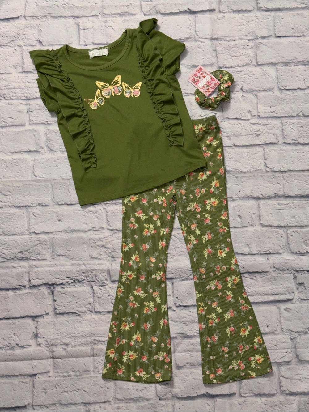 Olive Green Floral Ribbed Pants with Pink & Yellow Blooms